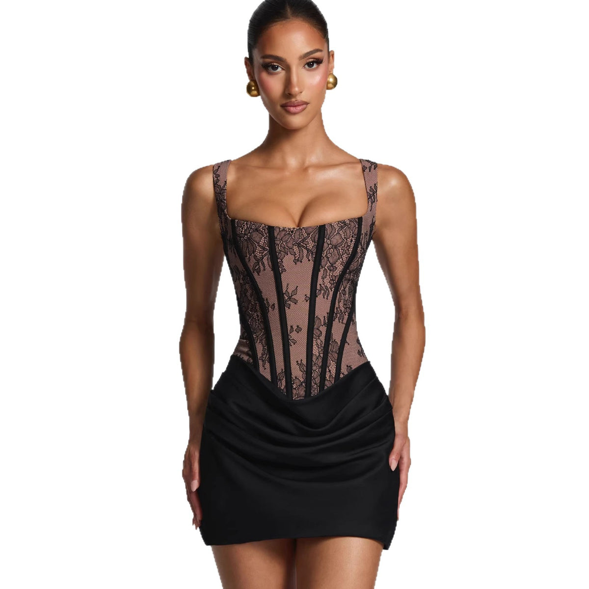 Sheer Lace Corset Draped Mini Dress – view 4
