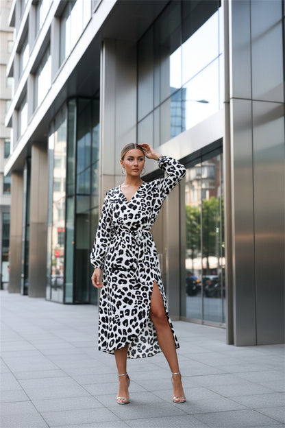  Leopard print long sleeve midi dress styled with accessories
