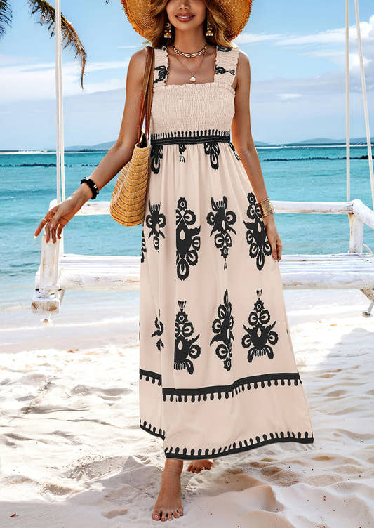 Front view of white square neck tiered maxi dress – smocked waist A-line summer dress
