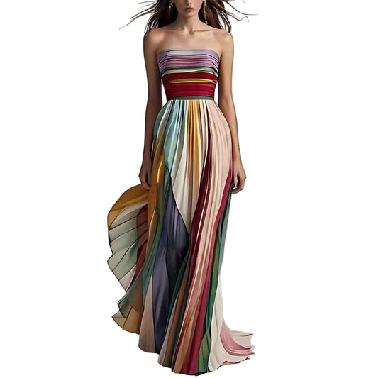 Woman wearing a strapless, long, multicolored dress 