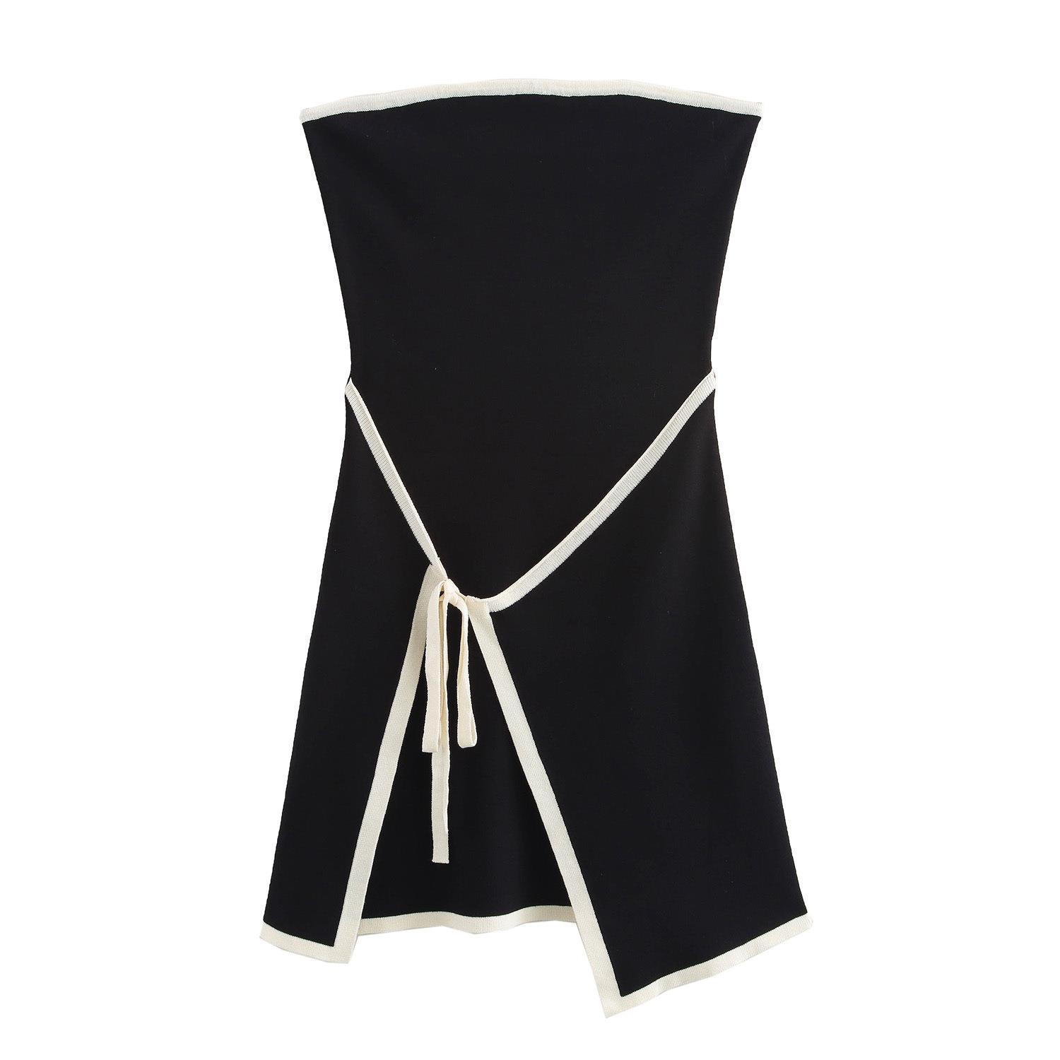 Black contrast trim strapless mini dress women bow tie knit

