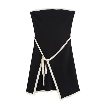 Black contrast trim strapless mini dress women bow tie knit

