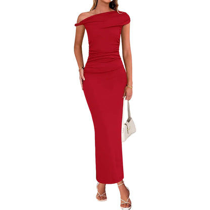 Red one-shoulder ruched bodycon maxi dress full length front view on model
