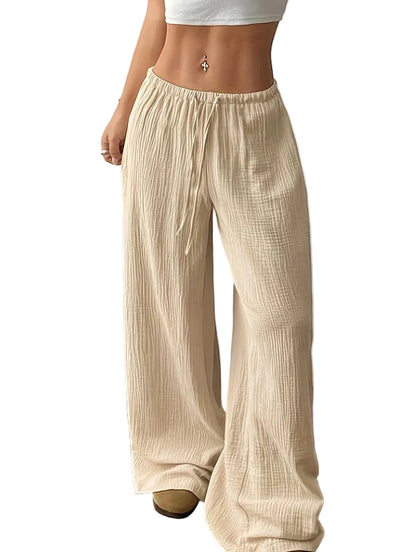 Women's wide leg crinkle pants in khaki – full length front view, lightweight casual trousers