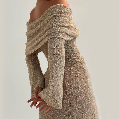 Beige textured off-shoulder top worn by a person 