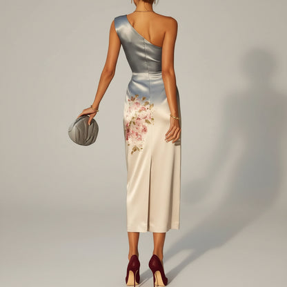 High-Waist One-Shoulder Satin Midi Elegant Dress with Rose and Botanical Print