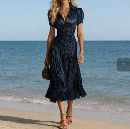 Women's color-block striped shirt dress in blue  with short sleeves and collar
