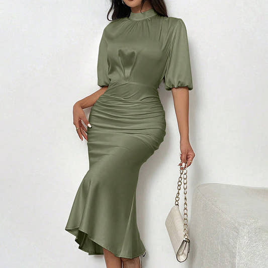 Ruched Satin Mock Neck Midi Dress – view 2