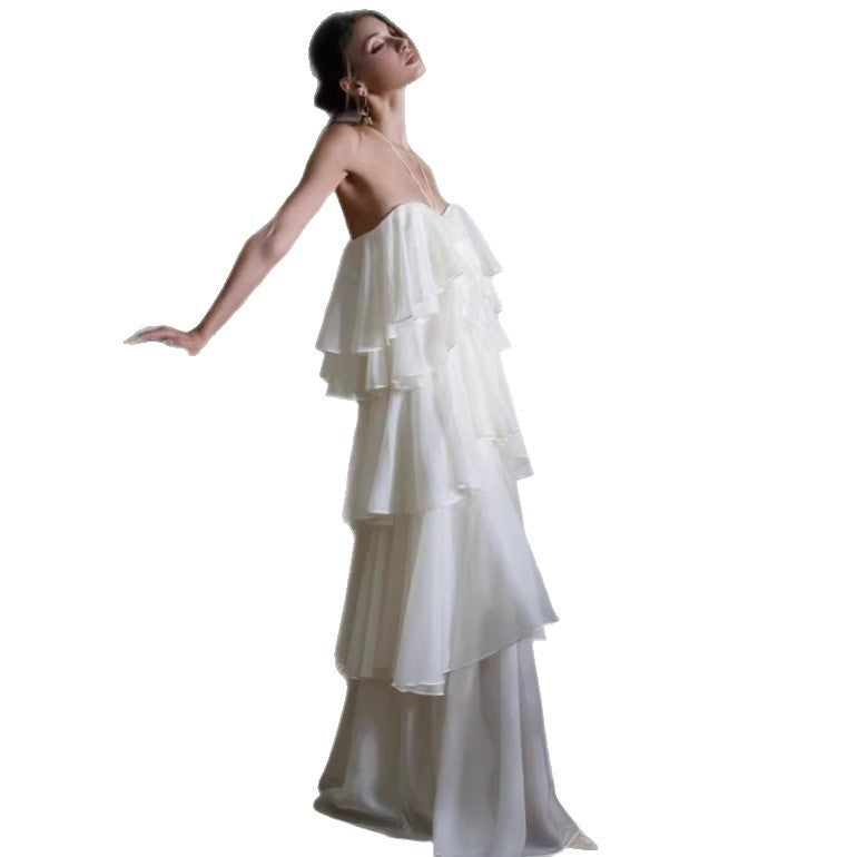 white tiered chiffon maxi dress for beach wedding

