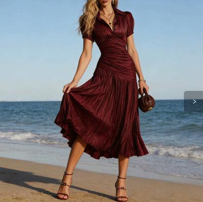 Full length view of women's striped pleated shirt dress in  burgundy — sizes S to XXL