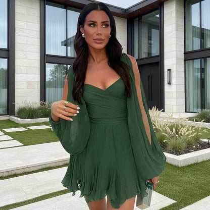 Solid color slim fit short dress in green– front view, model wearing slim fit mini dress
