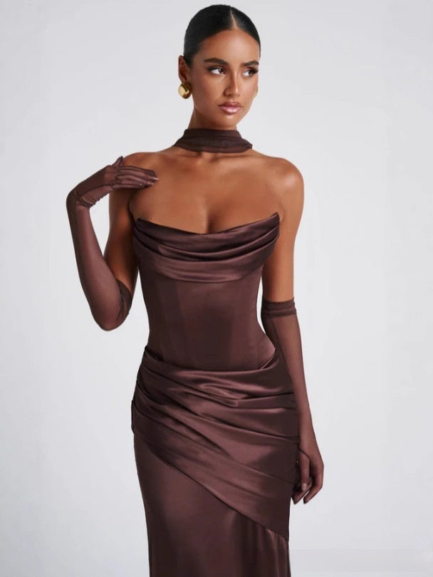 Brown satin mermaid gown - tube top formal dress with train for black-tie events

