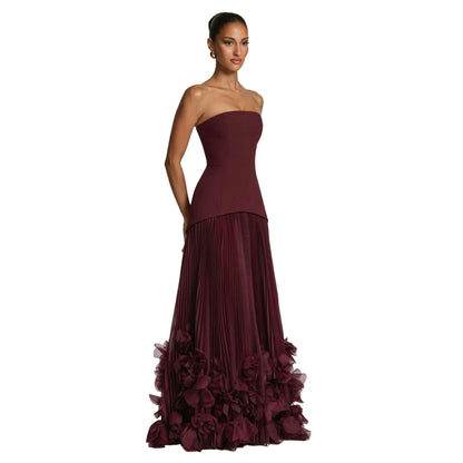 Strapless Pleated Floor-Length Elegant Gown with Three-Dimensional Petal Appliqué Hem
