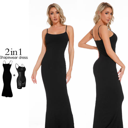 Black shapewear dress shown on a model with inset images of the dress components.