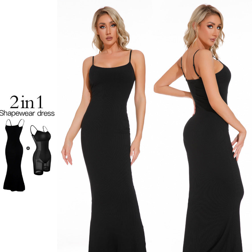Black shapewear dress shown on a model with inset images of the dress components.