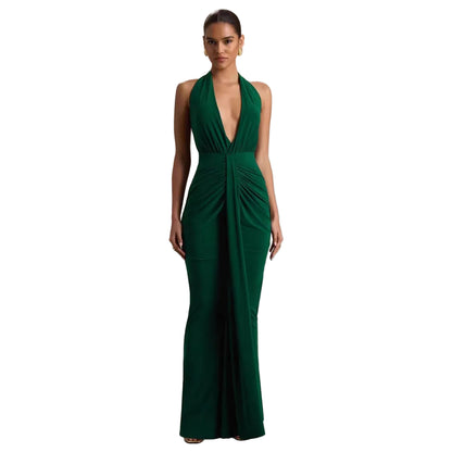 Emerald green deep V-neck halter ruched knot slim fit maxi dress – front view, gathered waist detail and floor-length hem
