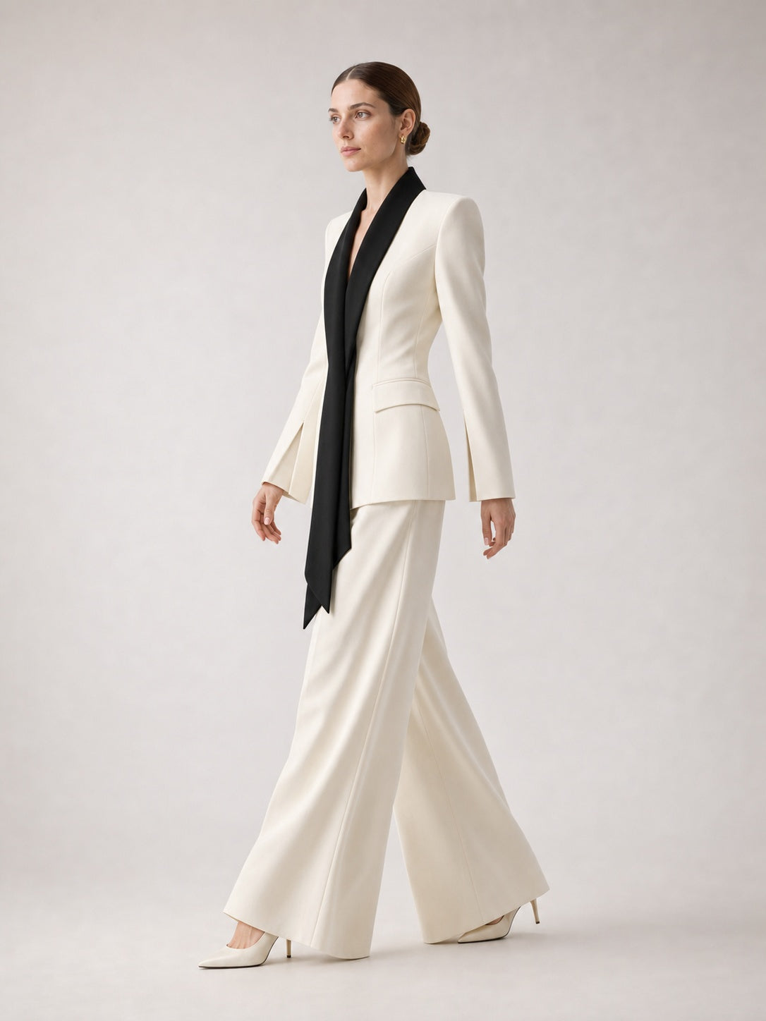 Cream 2 Piece Suit Black Scarf Lapel Blazer & Wide Leg Pants – view 3