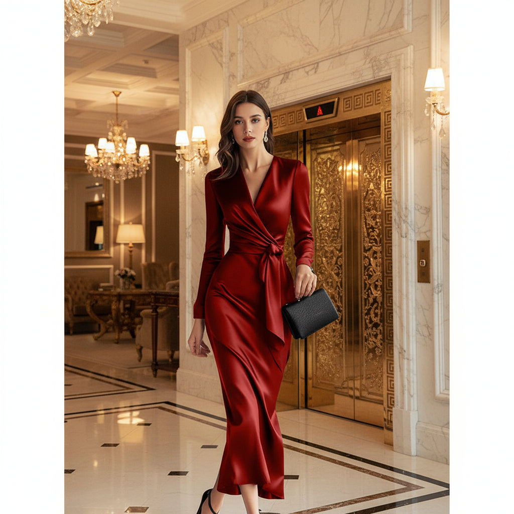 V-Neck Satin Belted Midi Dress – Long Sleeve Formal Red / S V-Neck Satin Belted Midi Dress – Long Sleeve Formal Red / S