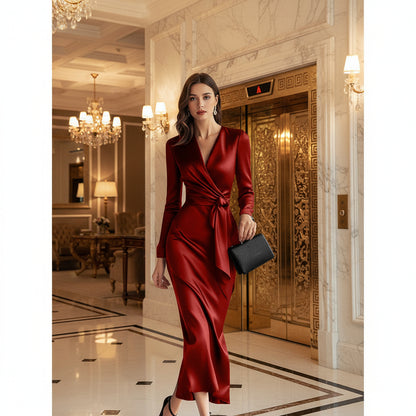 V-Neck Satin Midi Belted Long Sleeve dress from Uplift Luxe
