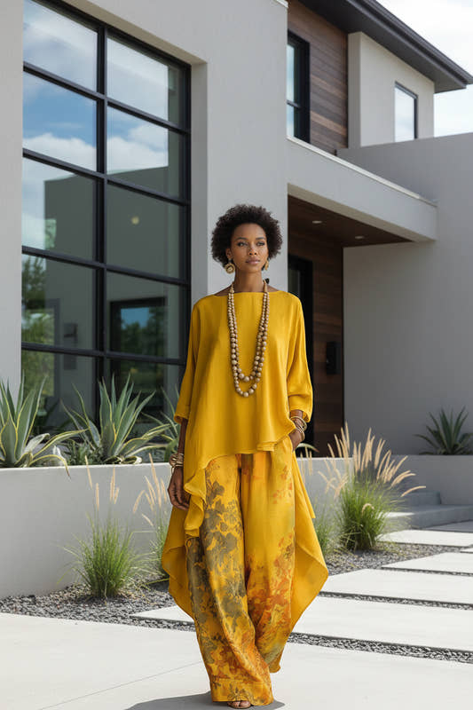 Women's solid colour sleeveless knit top and wide-leg pants two-piece set in yellow
