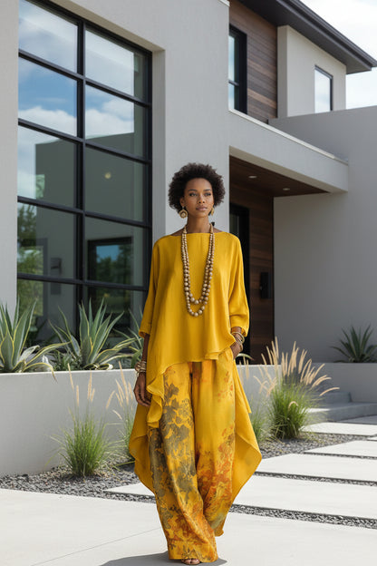 Women's solid colour sleeveless knit top and wide-leg pants two-piece set in yellow

