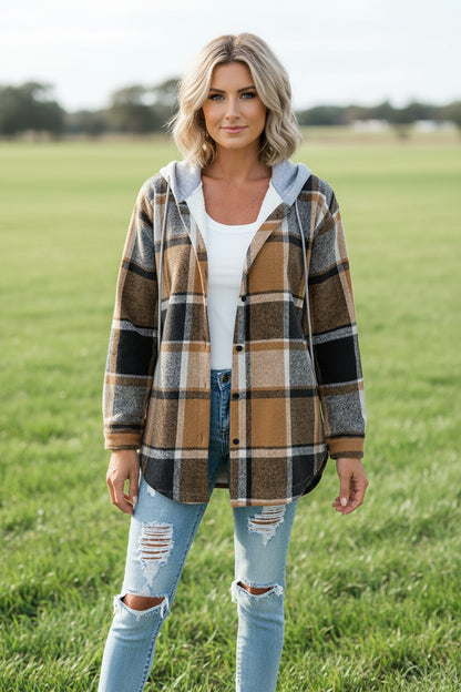 Women's plaid princess sleeve hooded coat in brown – side view showing fitted sleeve and structured shoulder
