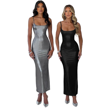 Two women wearing metallic Luxurious satin slip dress showing body-hugging silhouette 

