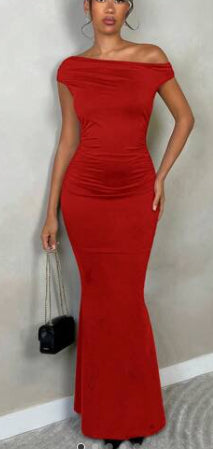 Off-Shoulder Ruched Mermaid Maxi Dress in Red