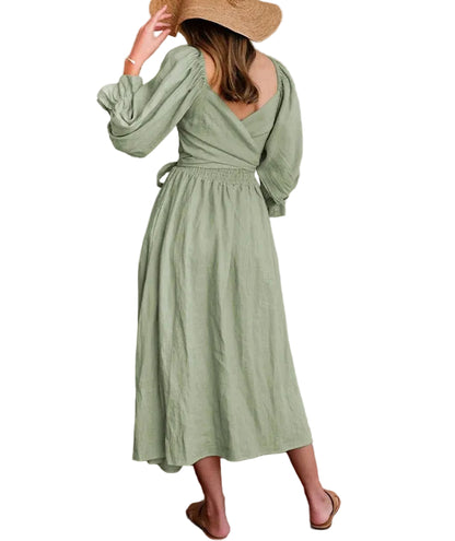 Three-quarter lantern sleeve reversible dress in light  green – front view showing V-neck neckline styling
