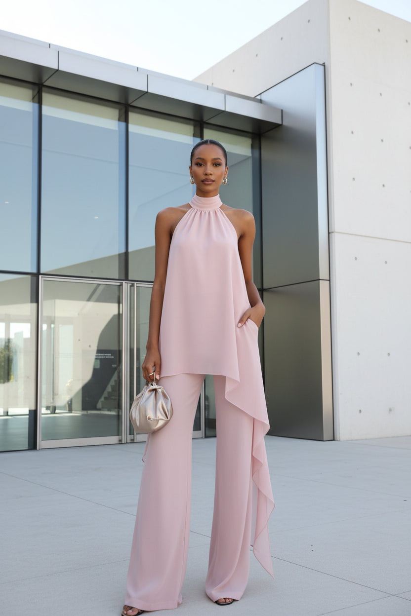 Plus size backless two-piece set with matching pants in light  pink 

