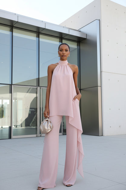 Plus size backless two-piece set with matching pants in light  pink 
