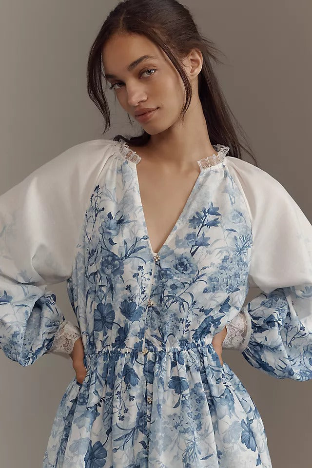 smocked waist floral mini dress lace cuff detail
