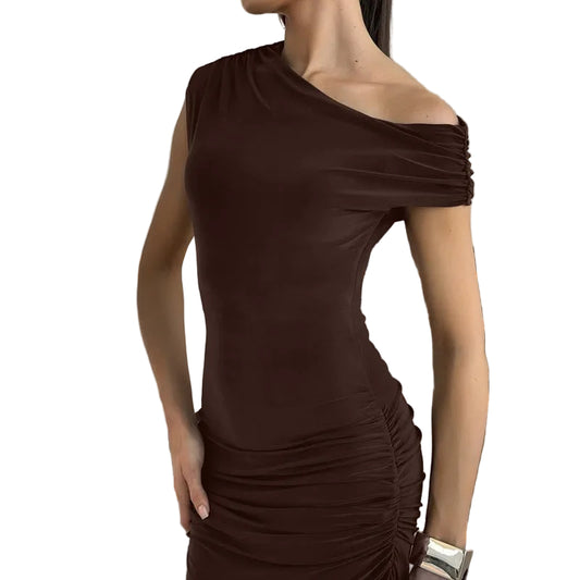 One-shoulder brown formal dress - elegant evening gown with ruched waist for cocktail party

