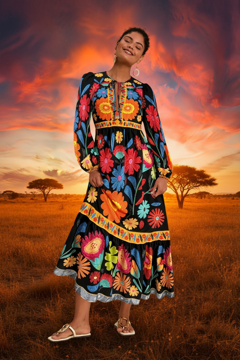 Colorful floral maxi dress with balloon sleeves and an A-line fit

