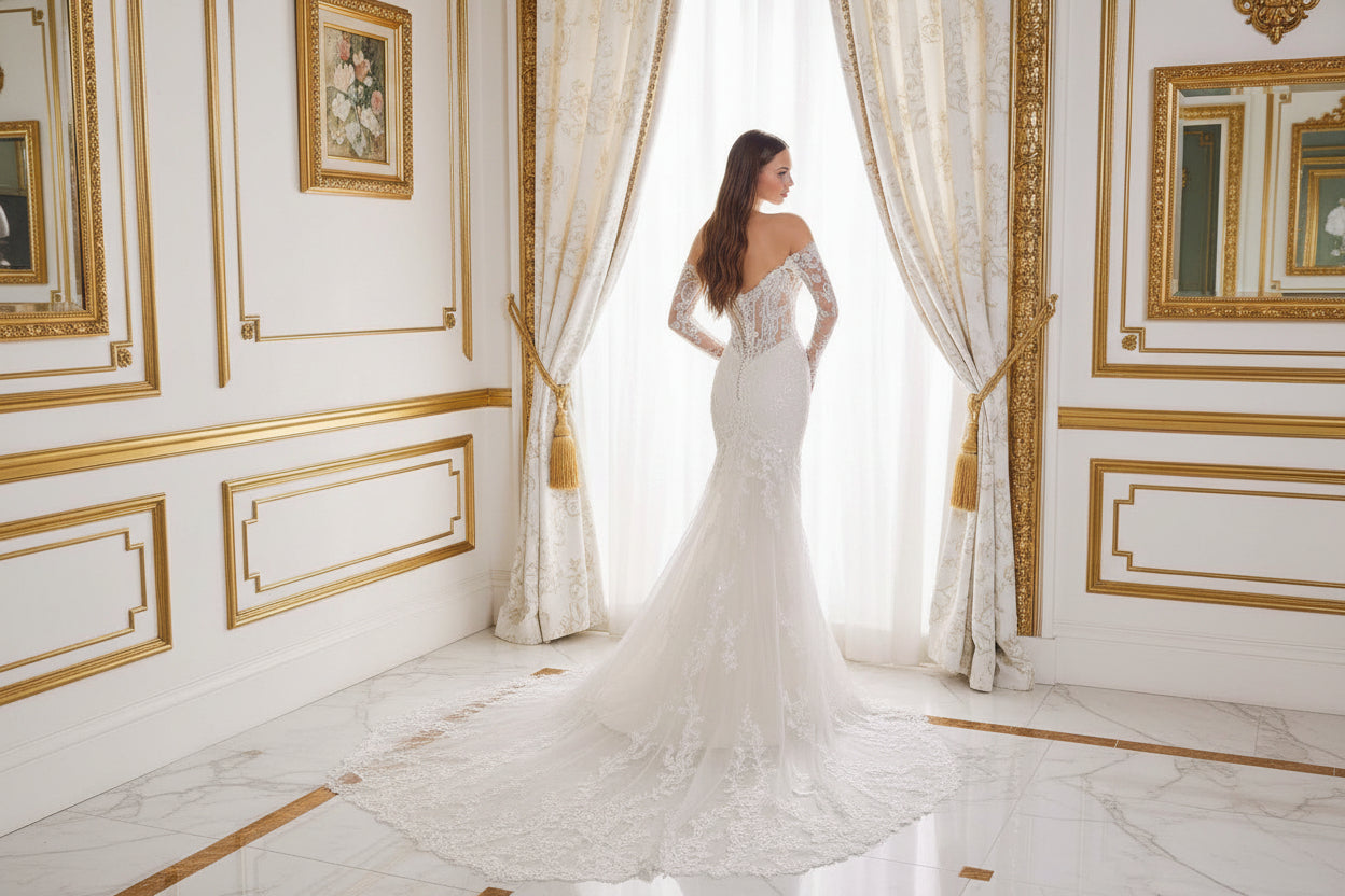 Woman wearing a white lace wedding dress in an elegant room with gold accents.