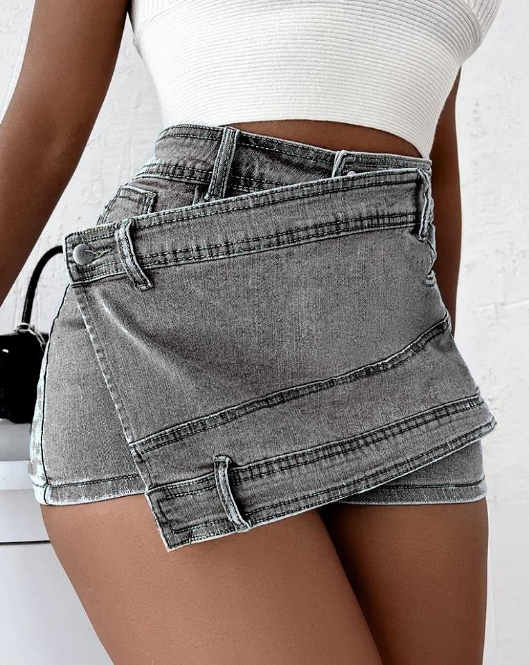High-Waist Asymmetric Wrap-Front Denim Skort with Mini Skirt Panel and Shorts Underneath
