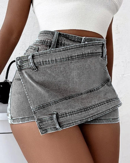 High-Waist Asymmetric Wrap-Front Denim Skort with Mini Skirt Panel and Shorts Underneath
