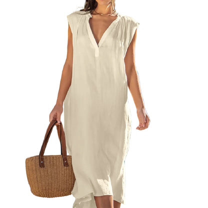 Beige sleeveless V-neck midi dress – close-up of V-neck and patch detail on bodice
