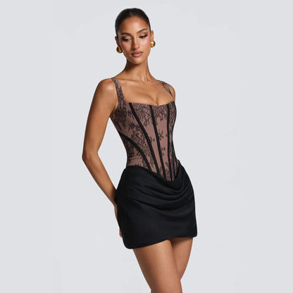 Sheer Lace Corset Draped Mini Dress