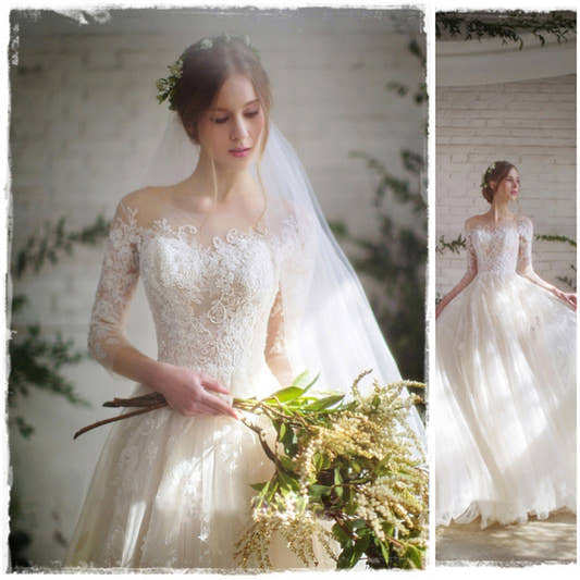 Ivory A-line wedding dress with illusion round neckline and three-quarter lace sleeves — Uplift Luxe

