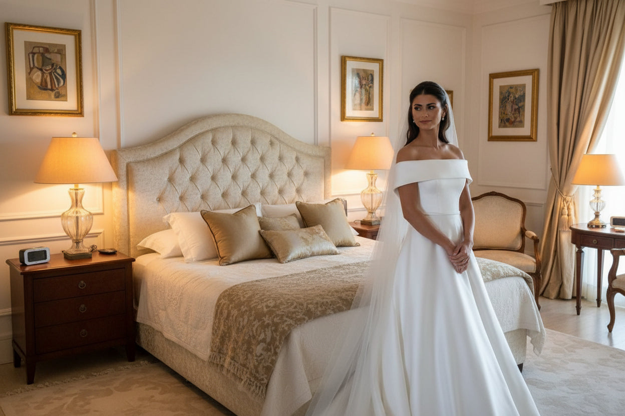 All white satin A-line wedding dress with off-the-shoulder neckline and sweep train, front view
