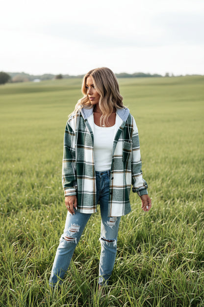 Plaid hooded button coat in green – full length front view, autumn winter women's outerwear

