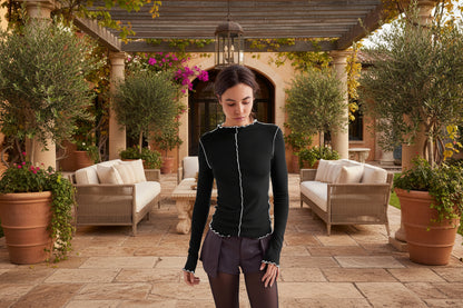 Black long sleeve top with white trim - slim fit ribbed shirt for athleisure and casual wear

