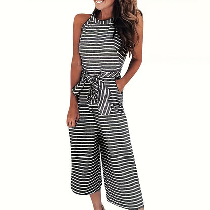 Women's sleeveless jumpsuit in striped pattern for dressy occasions


