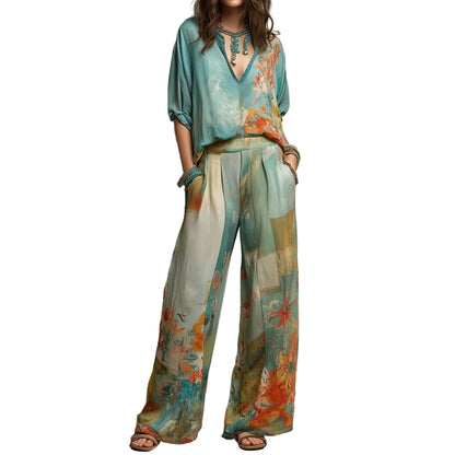 Graffiti print wide-leg pants set with drop-shoulder top in multicolor pattern
