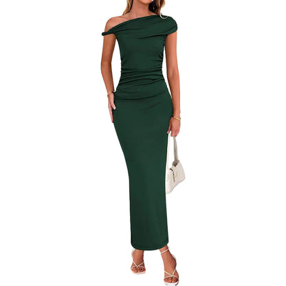 Army green one-shoulder ruched bodycon maxi dress full length front view on model
