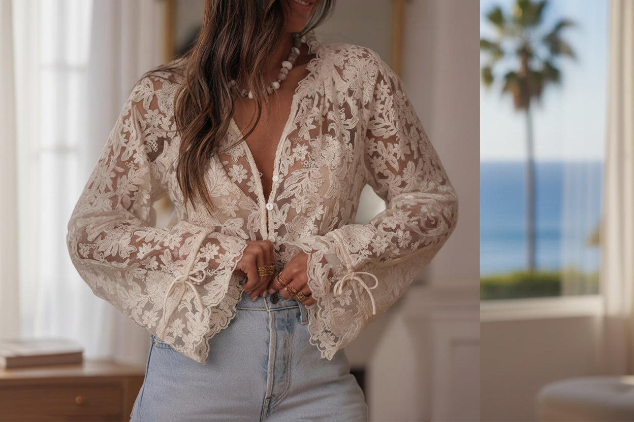 Romantic lace embroidery top V-neck long sleeve button-front blouse for date night
