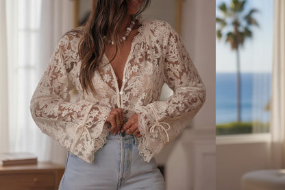 Romantic lace embroidery top V-neck long sleeve button-front blouse for date night