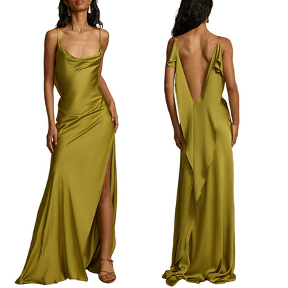 Green evening gown with a slit and open back 