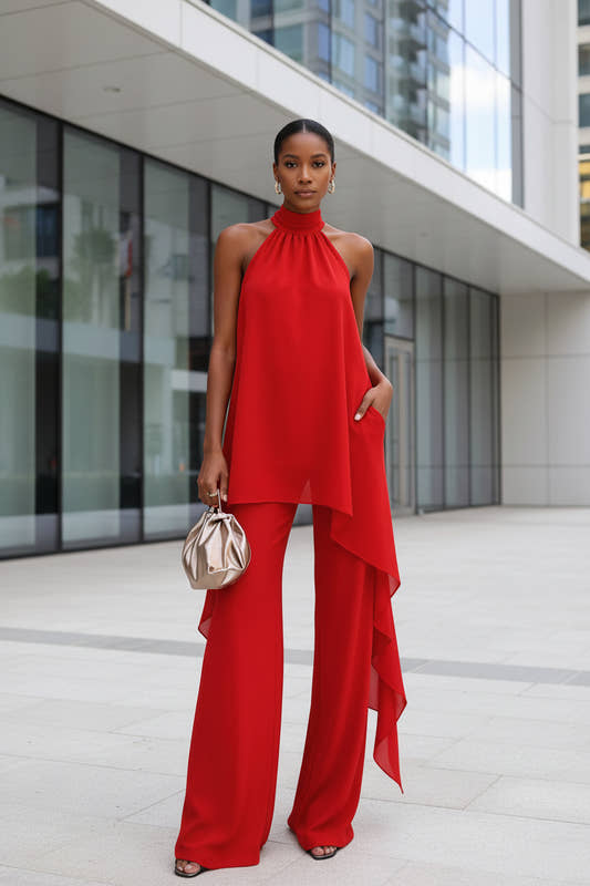 Women's backless sleeveless irregular top and pants two-piece set in black
